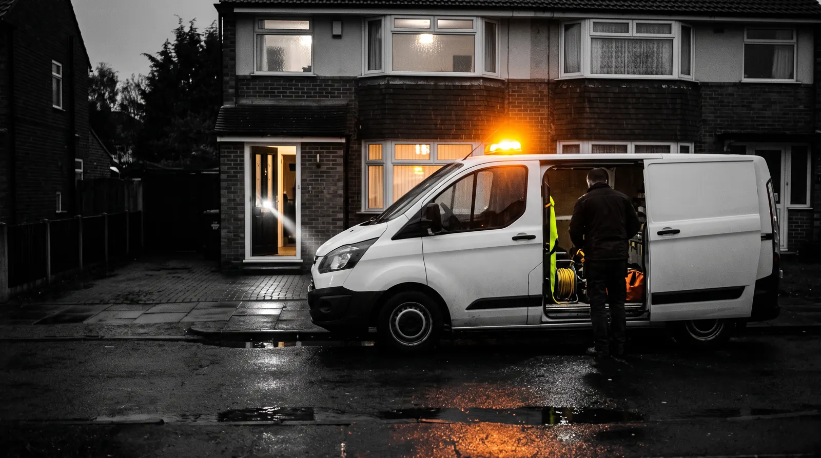 Electrician's van with amber beacon outside a house at dusk