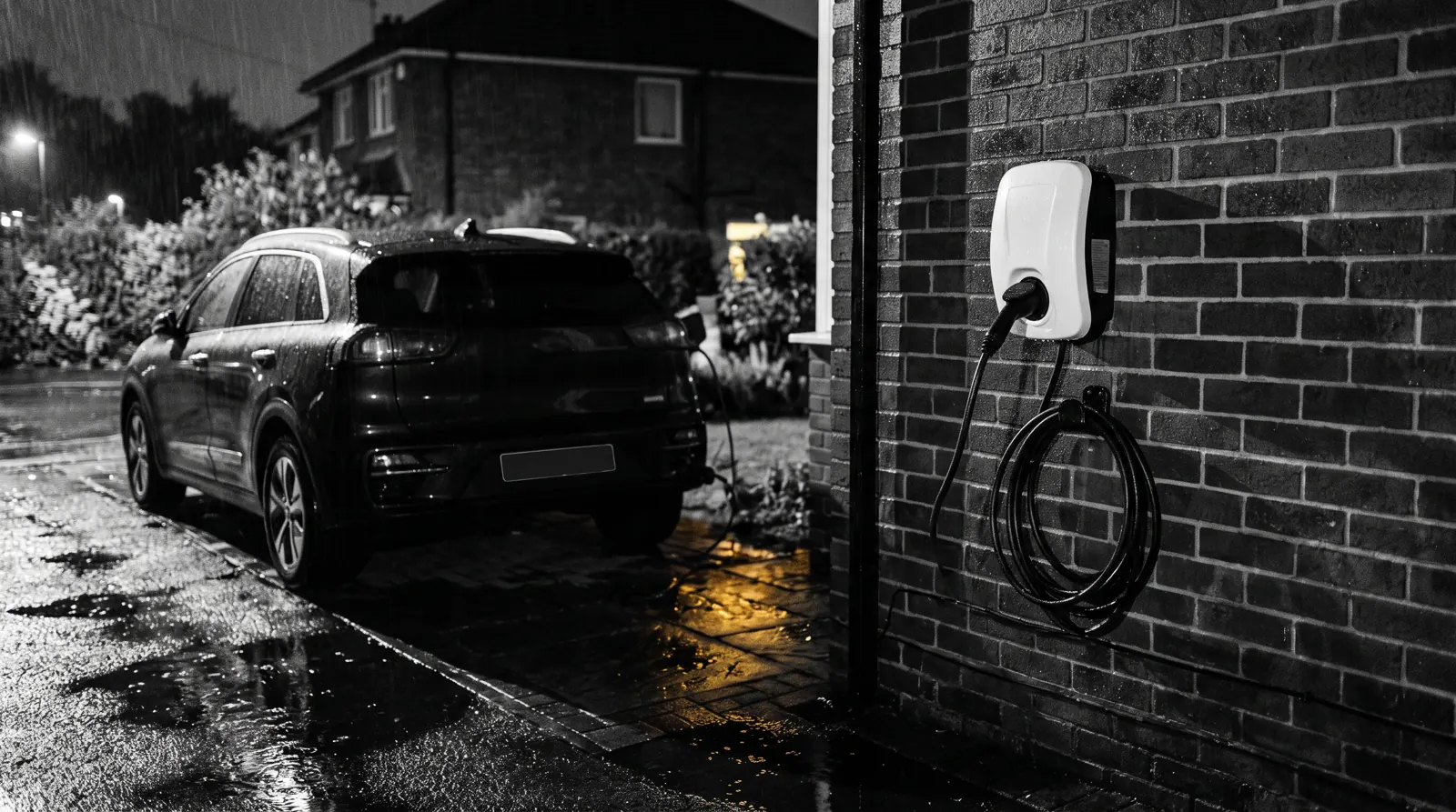 Wall-mounted EV chargepoint fitted to the outside of a brick house